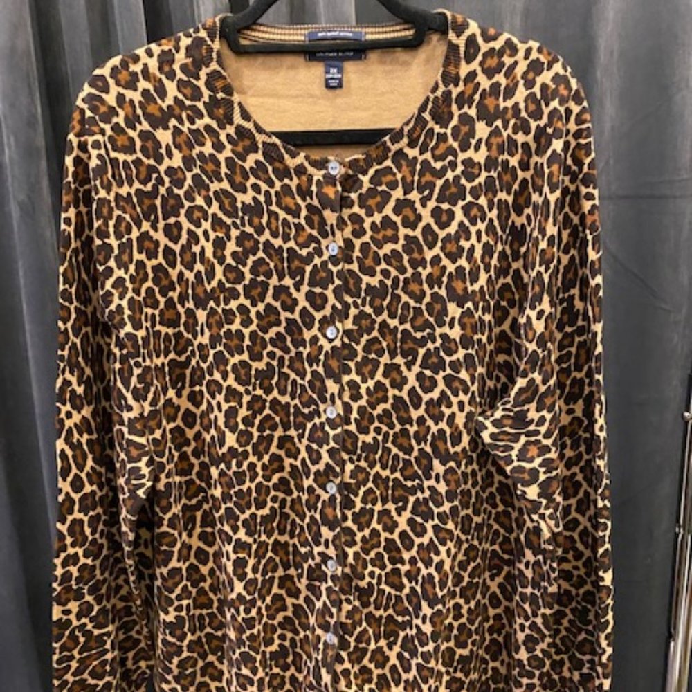 Lands End Womens Cardigan Animal Print Sweater 2X